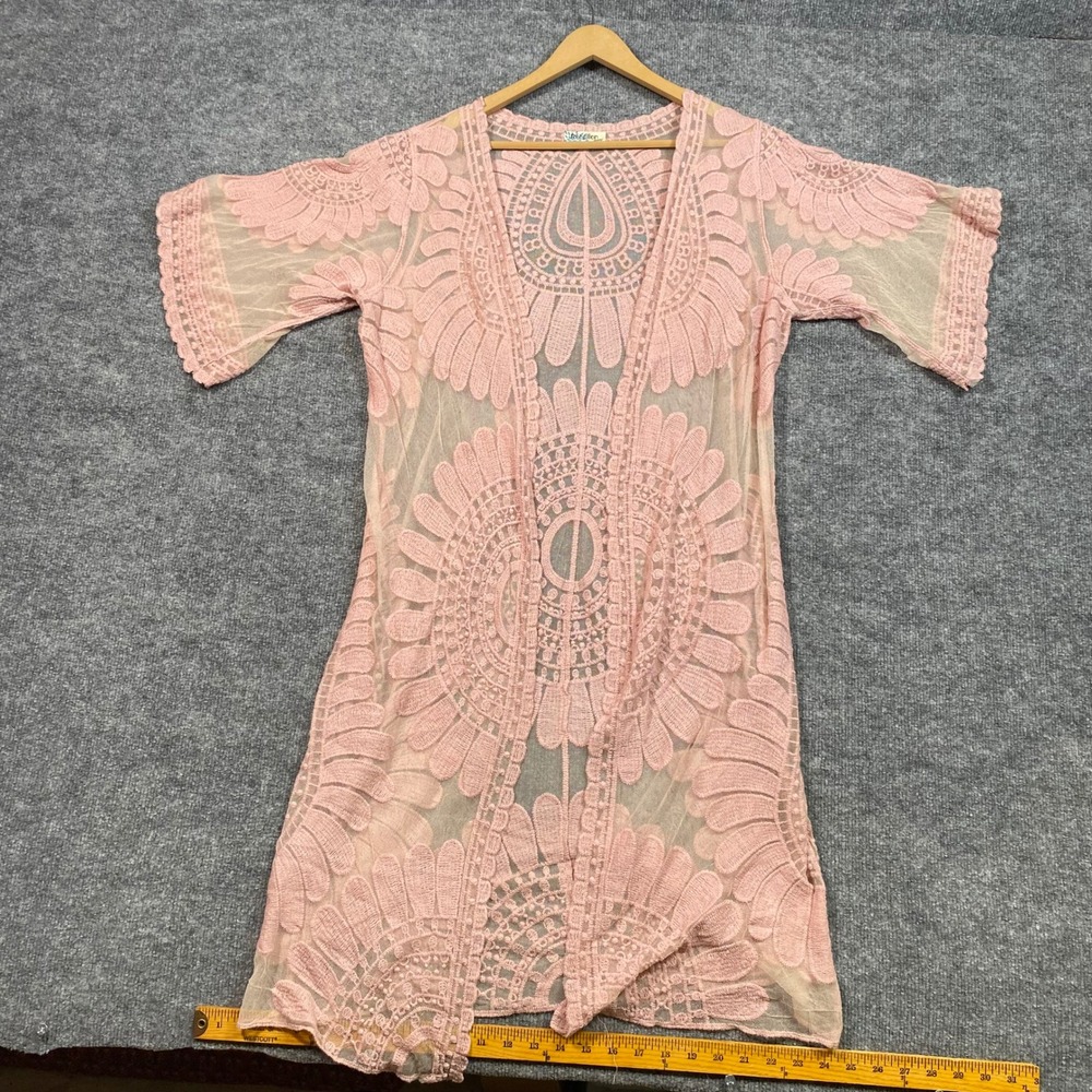 Rebellion Again Womens Pink Lace Sheer Open Front Cardigan Boho Floral Large